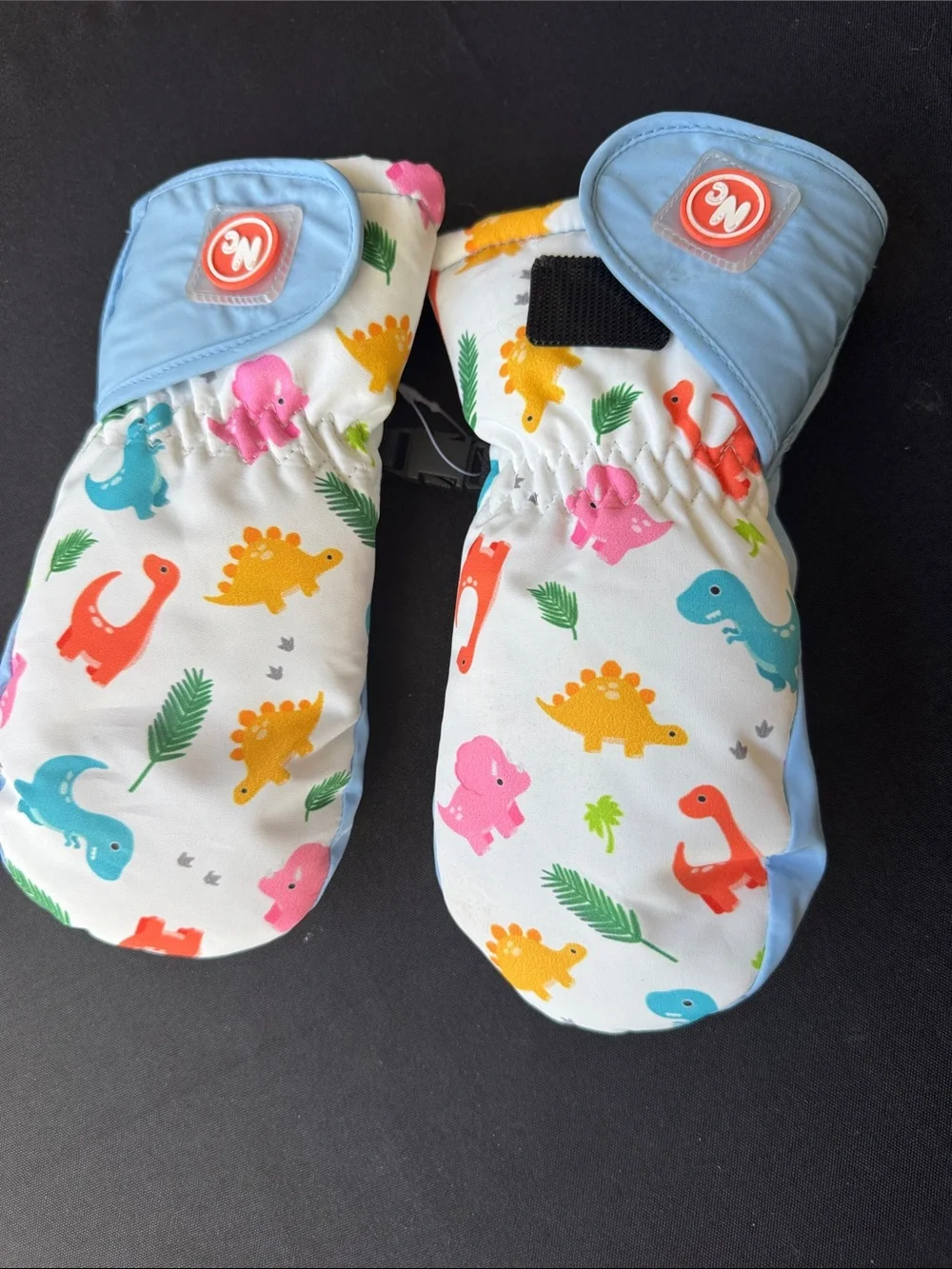 Kids Dino Print Blue Trim Mittens
